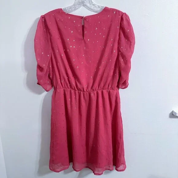 Allegra K Pink and Gold Stars Dress Size Medium | Princess Ruched Sleeves Barbie - Picture 10 of 14